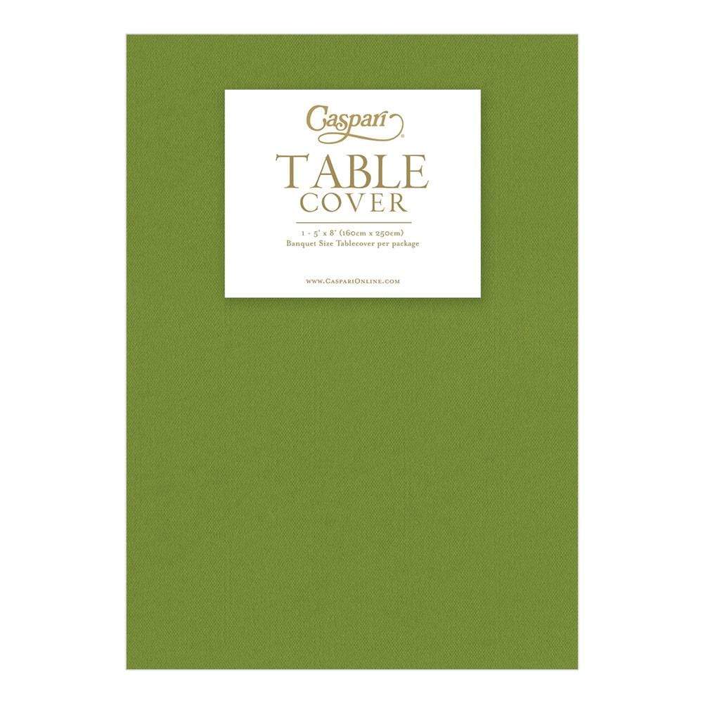 Leaf green paper linen solid table cover in packaging, measuring 5 feet by 8 feet.