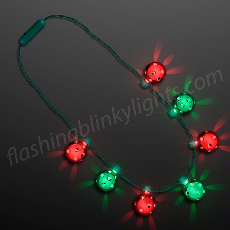 Christmas Disco Light Up Party Necklace with glowing red and green disco ball bulbs.