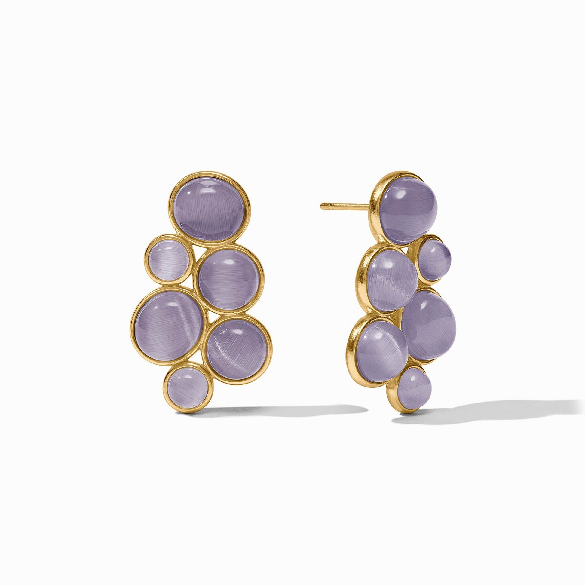 Cobblestone Statement Earrings in 24K gold plate with round purple glass stones.