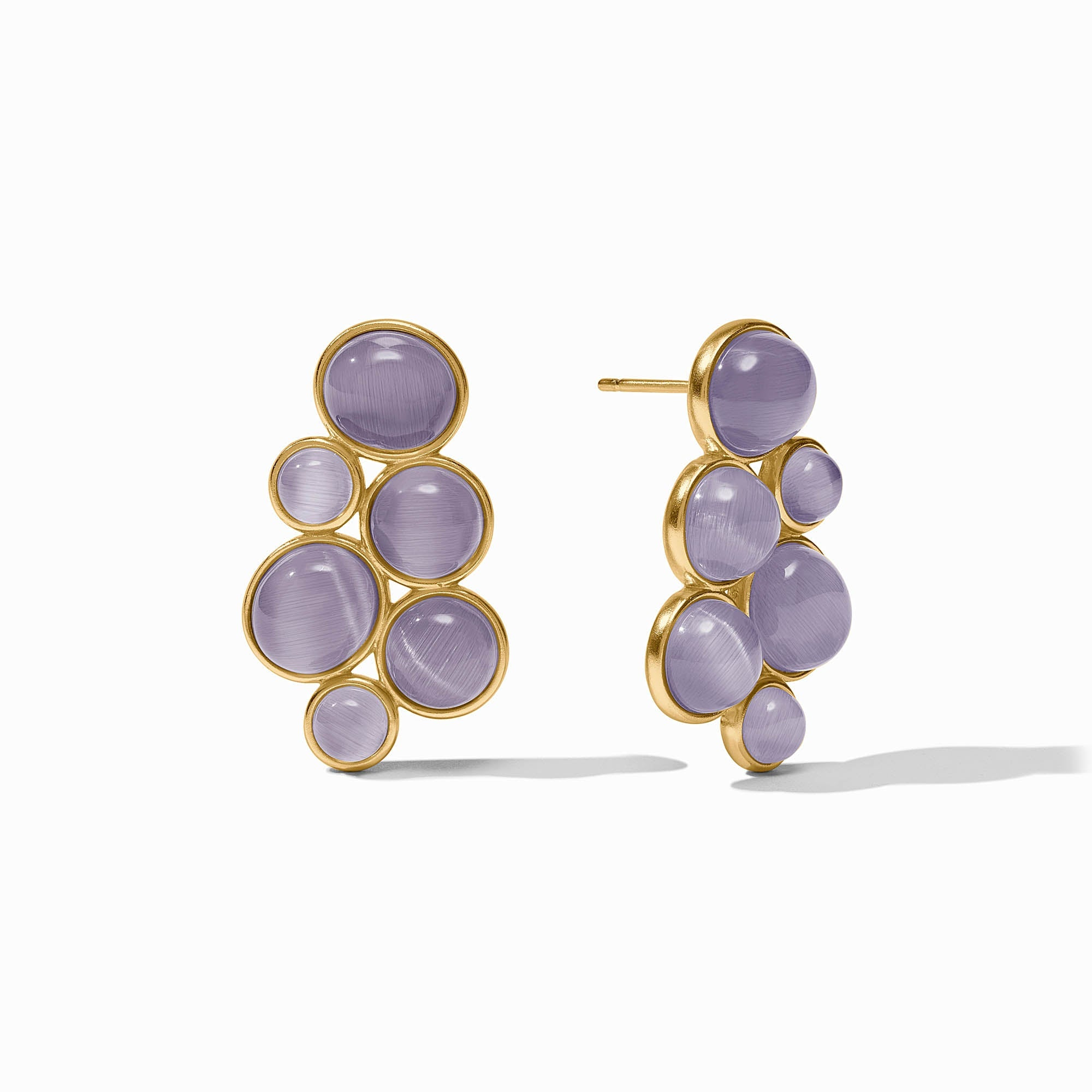 Cobblestone Statement Earrings in 24K gold plate with round purple glass stones.