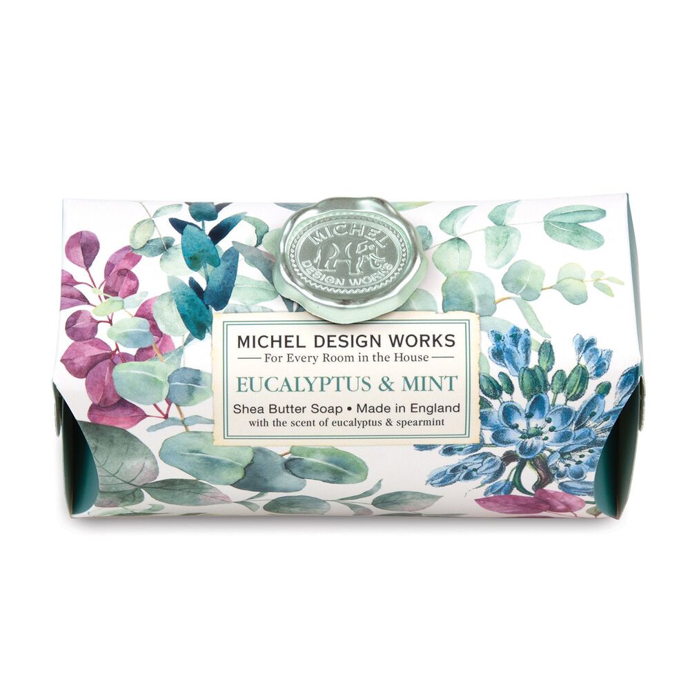 Michel Design Works Eucalyptus & Mint shea butter soap bar in floral patterned packaging.