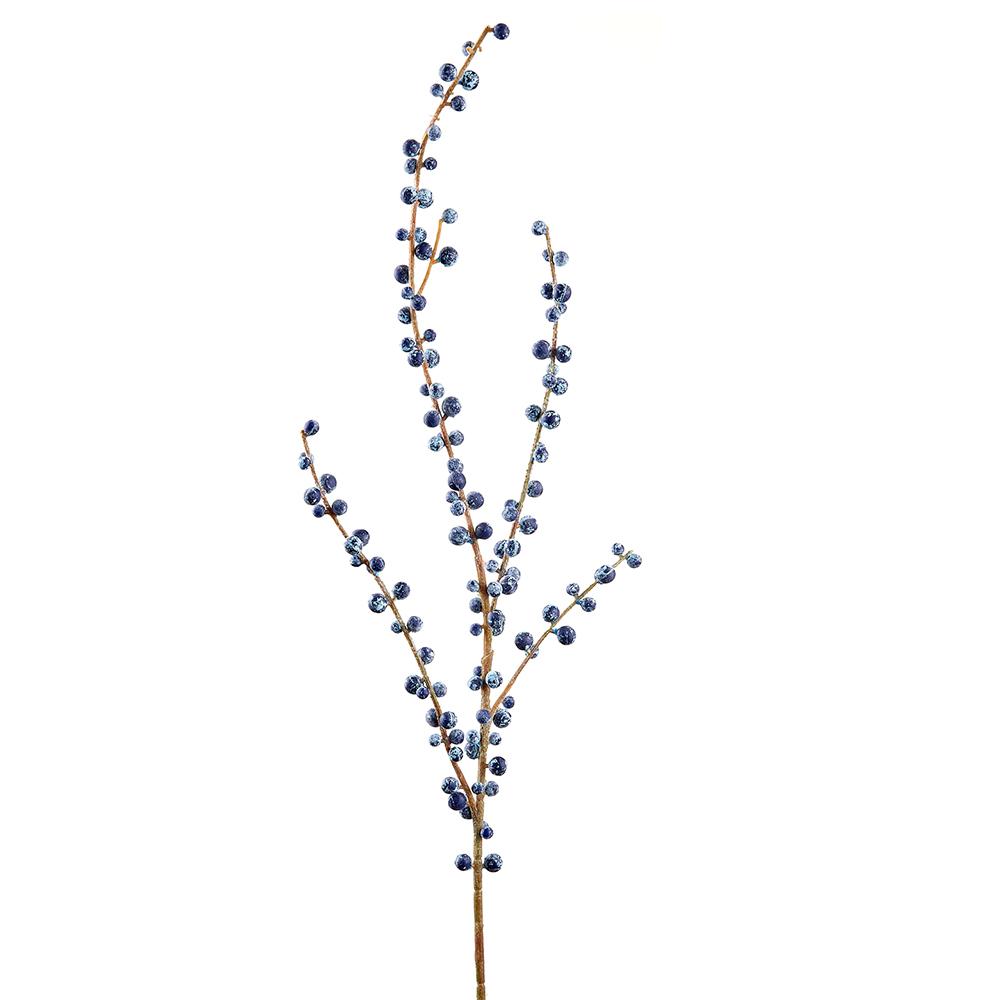 28-inch blue berry spray with frosted blue berries on a brown stem.