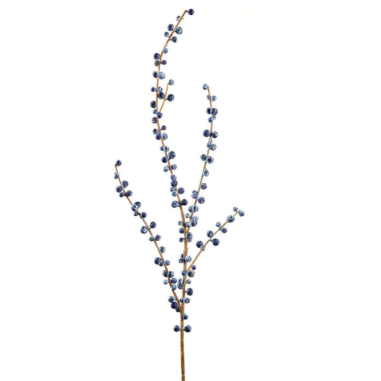 28-inch blue berry spray with frosted blue berries on a brown stem.