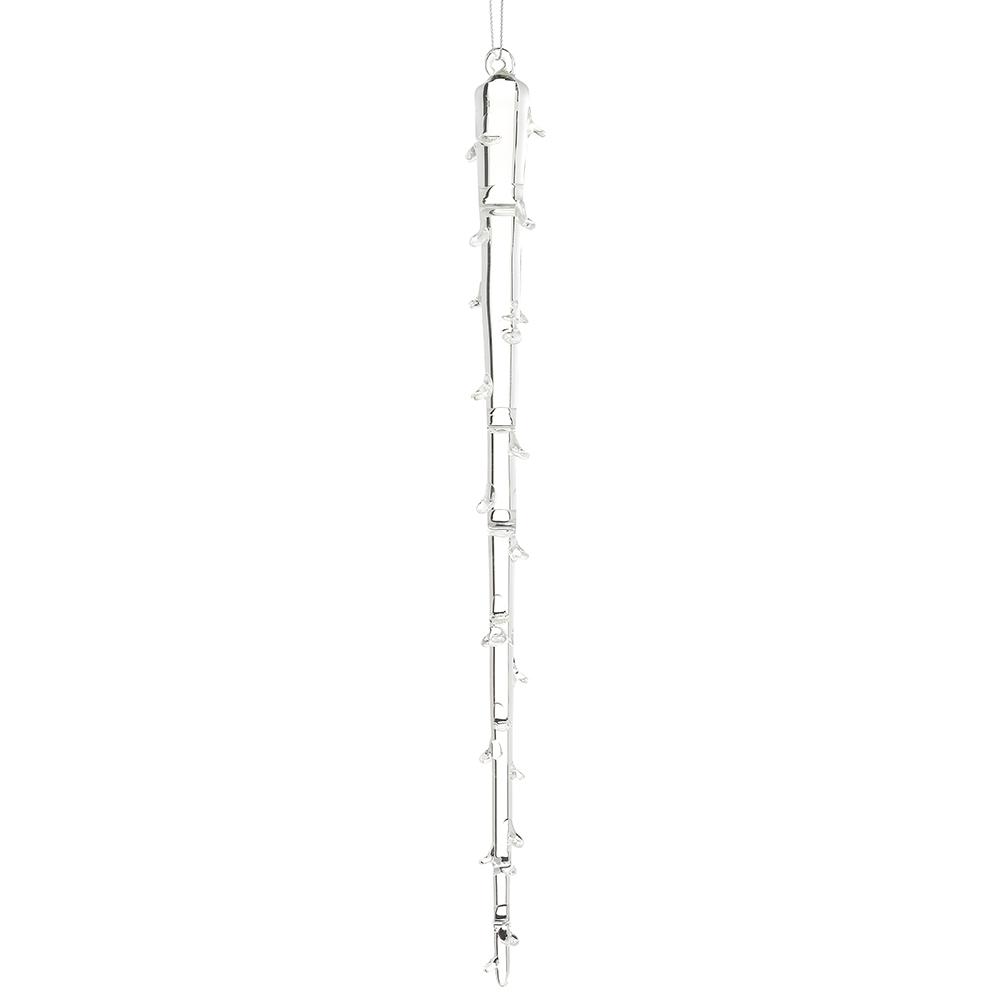 13-inch clear glass icicle ornament with a textured, dripping design and a silver hanging loop.