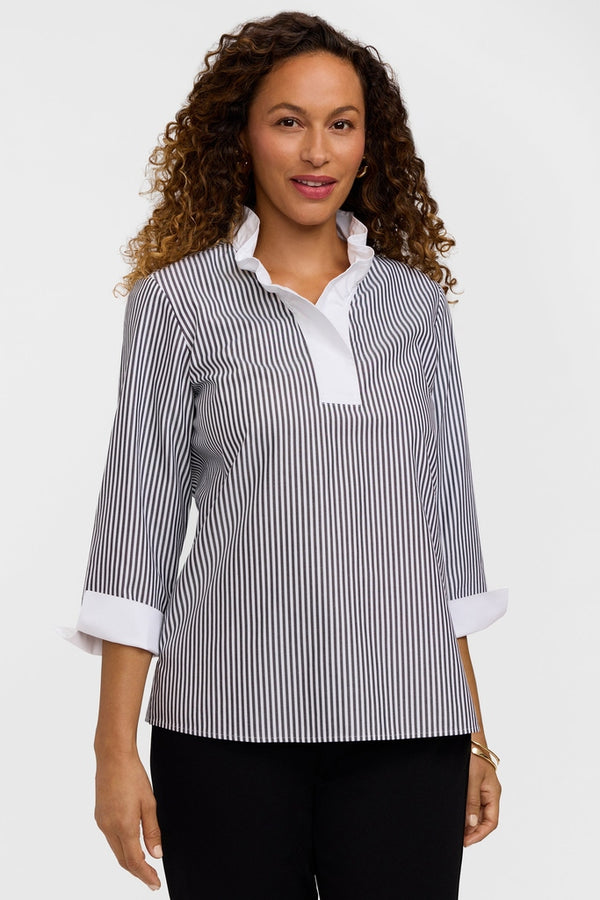Tammy popover shirt in pinpoint stripe with three-quarter sleeves