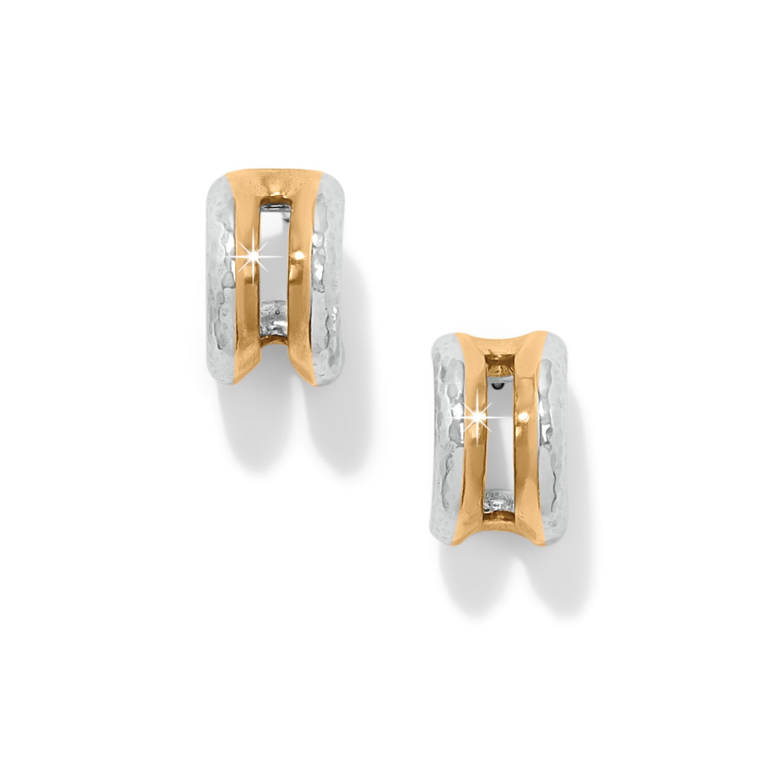 Medici two-tone silver and gold hammered hoop earrings with post backs.