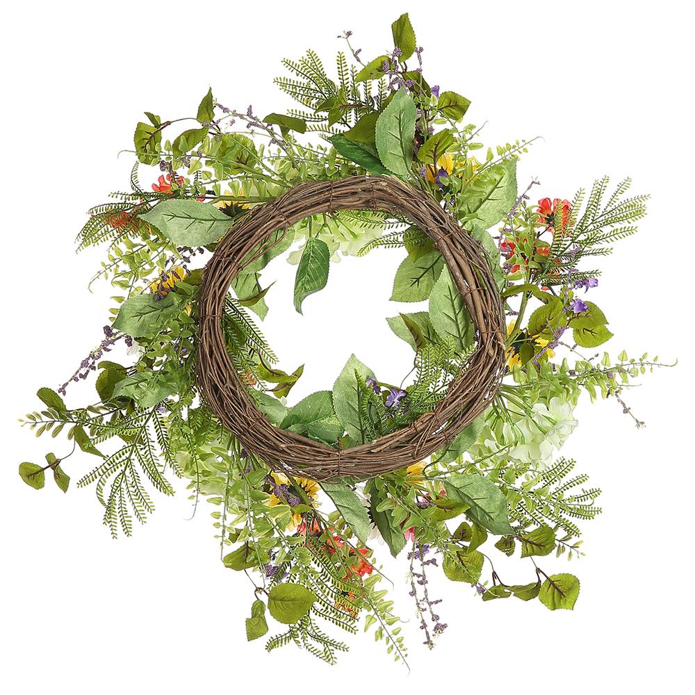 Round floral wreath featuring hydrangea, daisy, and fern arrangements in green foliage with a natural twig base.