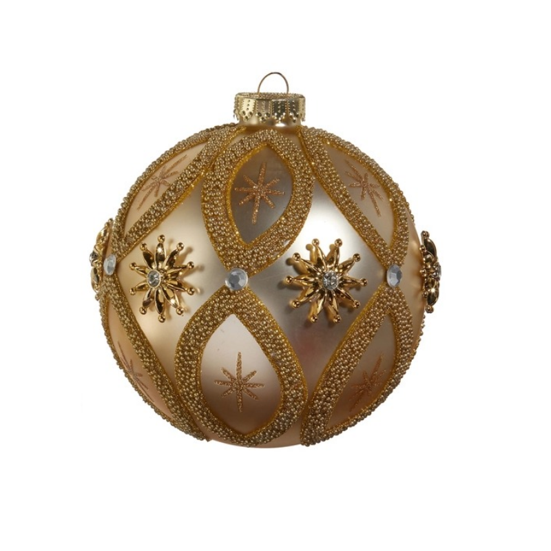 5-inch gold glass ball ornament with beaded lattice, gold stars, and clear jewel accents.
