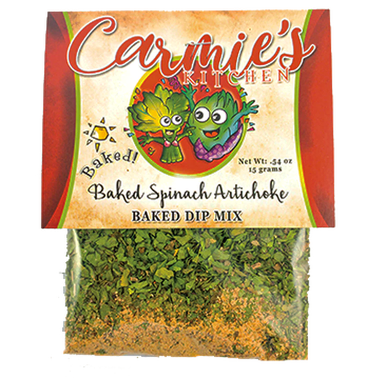 Baked Spinach Artichoke Dip Mix container with visible spinach and artichoke pieces