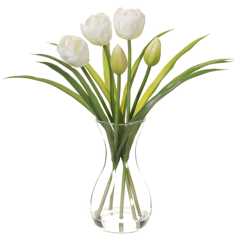 White tulip-shaped glass vase with a wire base