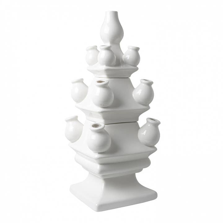 White ceramic tulip vase with smooth curved silhouette