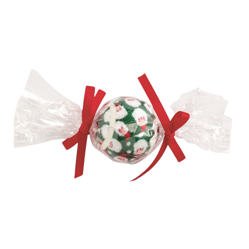 Christmas Pet Tennis Ball wrapped in clear plastic with red ribbons and a Santa Claus pattern.