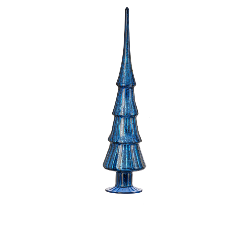 Tall, slender blue mercury glass Christmas tree figurine with a ribbed texture and pedestal base.