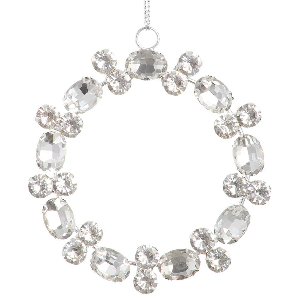 3-inch clear glass and silver metal diamond medallion wreath ornament with hanging loop.