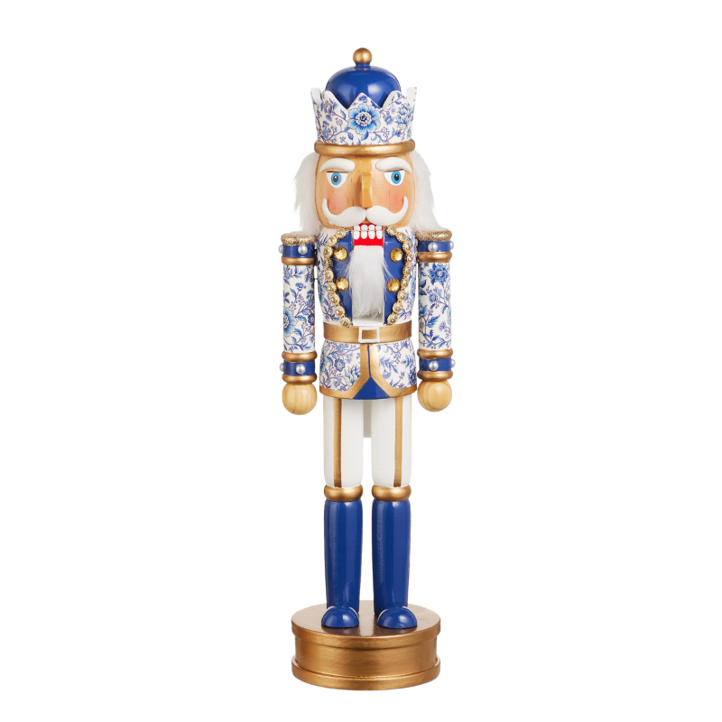 14.75-inch wooden nutcracker with blue and white chinoiserie floral patterns and gold accents.