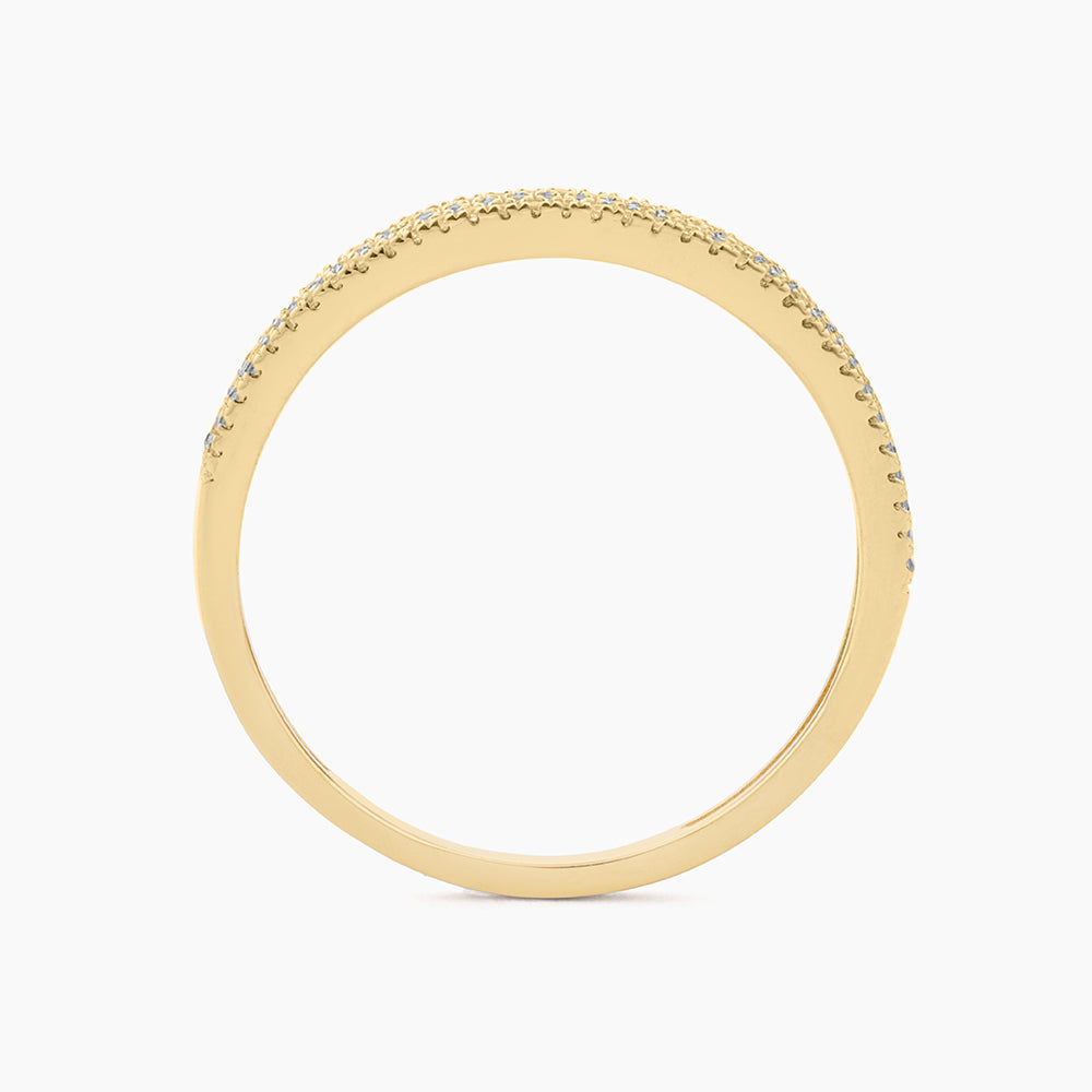 Gold plated waterproof triple row stackable ring with small diamonds in a circular profile view.