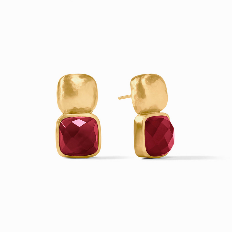 Catalina Earrings featuring faceted red glass cushions and hammered 24K gold-plated squares.