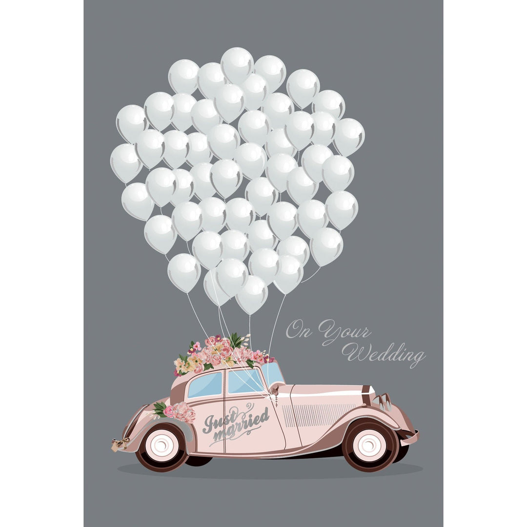 White foil balloon with embossed text reading 'May today be the start of a beautiful journey' and 'Congratulations'.