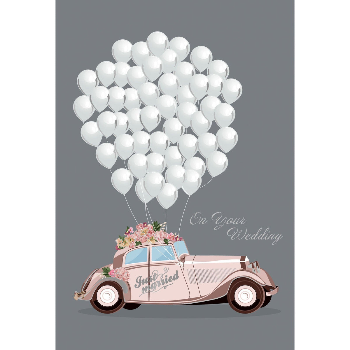 White foil balloon with embossed text reading 'May today be the start of a beautiful journey' and 'Congratulations'.