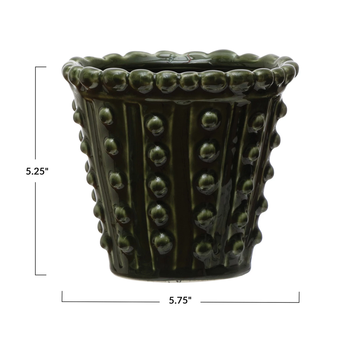 Round green stoneware hobnail planter with solid bottom holding a small succulent.
