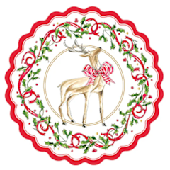 8-inch scalloped paper salad plate with a reindeer, red ribbon, and holly berry design.