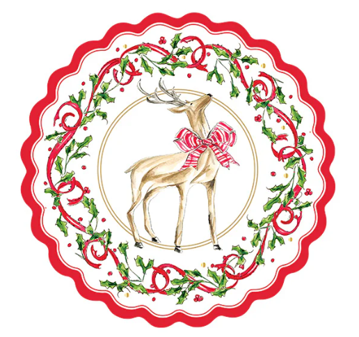 8-inch scalloped paper plate with a reindeer, red bow, and holly berry wreath with gold foil accents