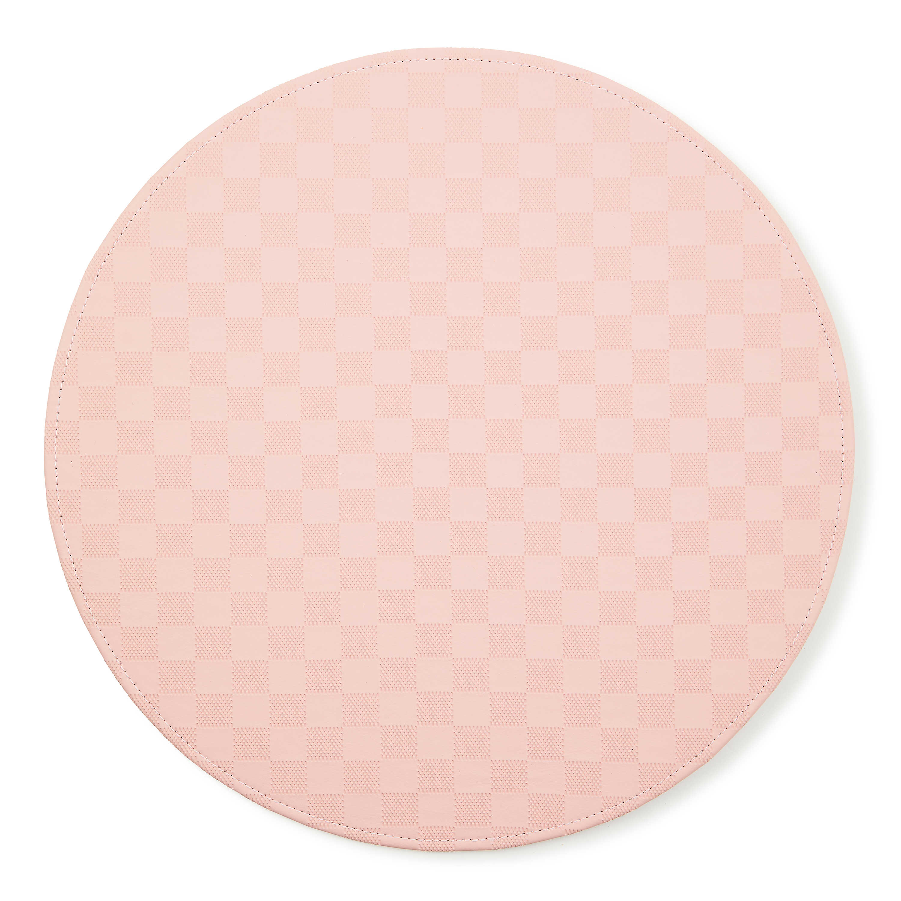 Round pink faux leather placemat with a subtle checkered pattern and stitched edge.