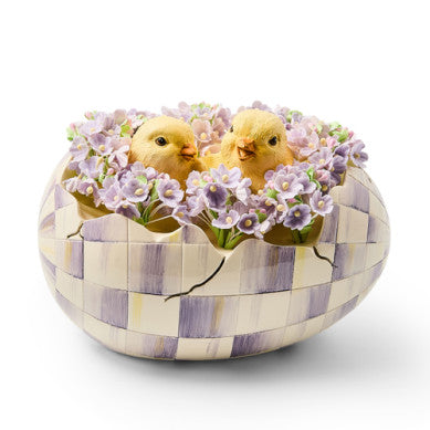 Violet checkered resin peekaboo egg with a rounded silhouette.