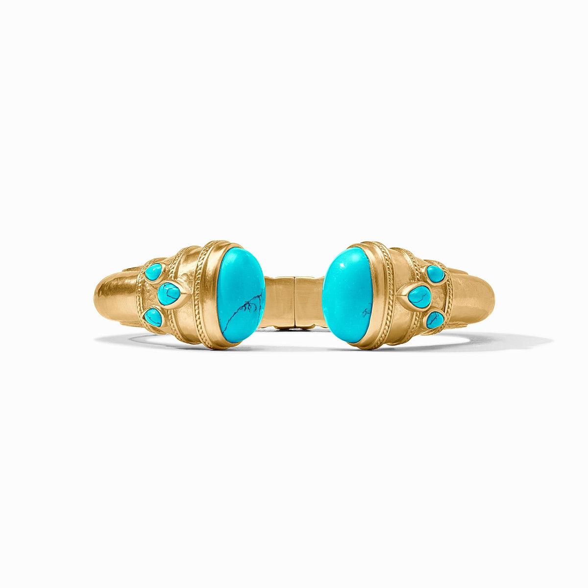 Cannes Cuff in 24K gold plate featuring two large oval turquoise glass stones and smaller accents.