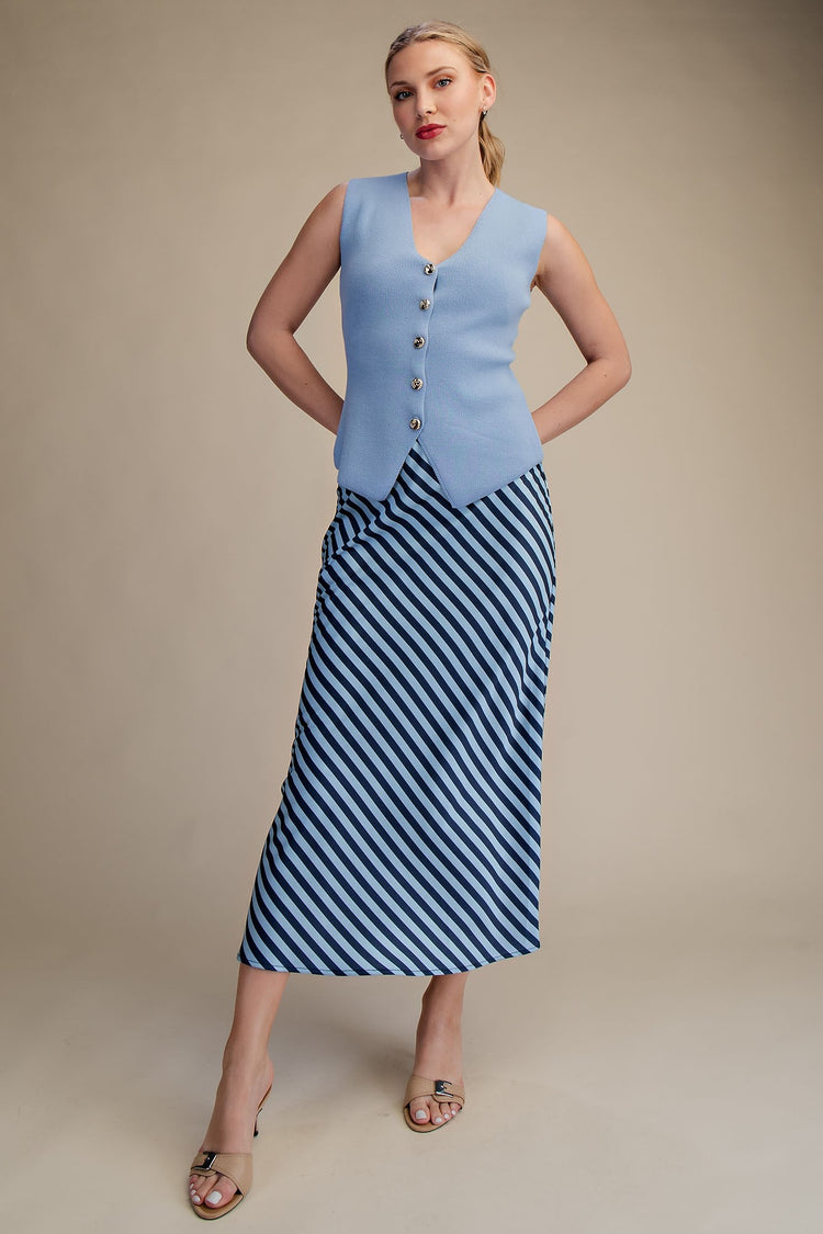 Ella waist elastic band midi skirt in solid black polyester with a flowing A-line silhouette.