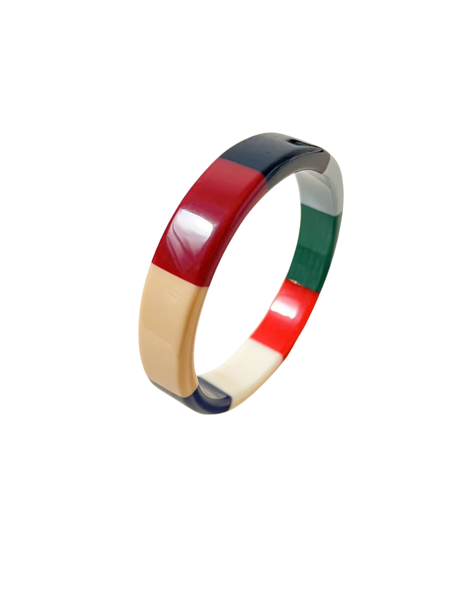 Patchwork Tempered Bracelet featuring a colorful mosaic pattern of red, blue, green, and cream.