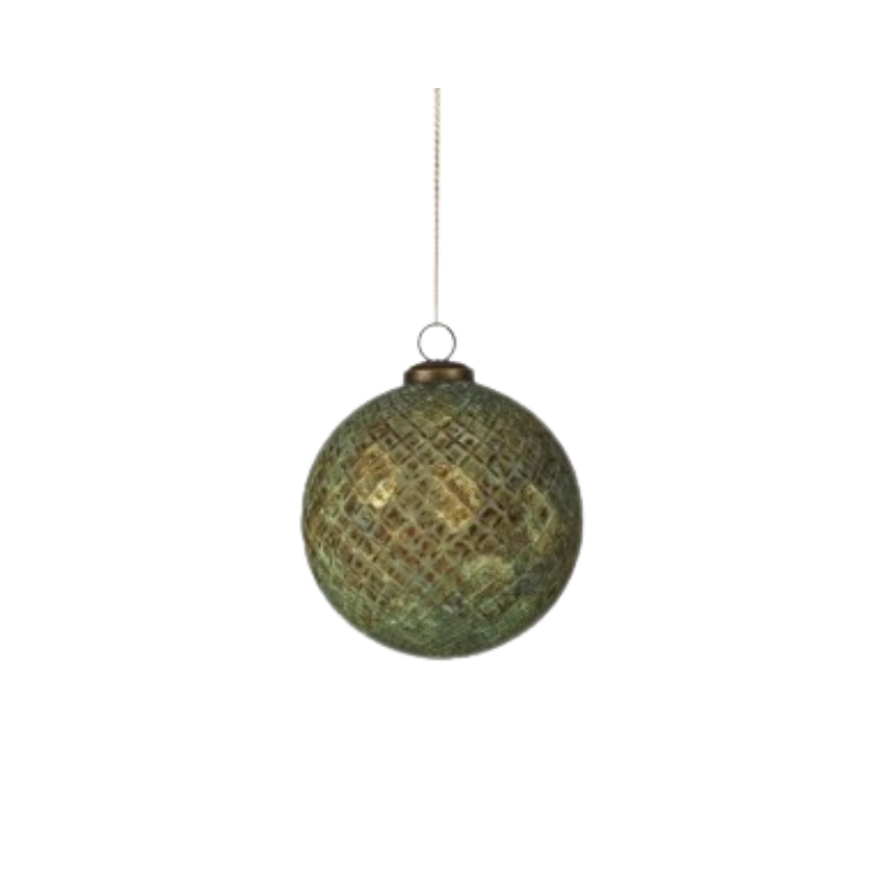 5-inch antique green and gold checkered glass ball ornament with a vintage finish.