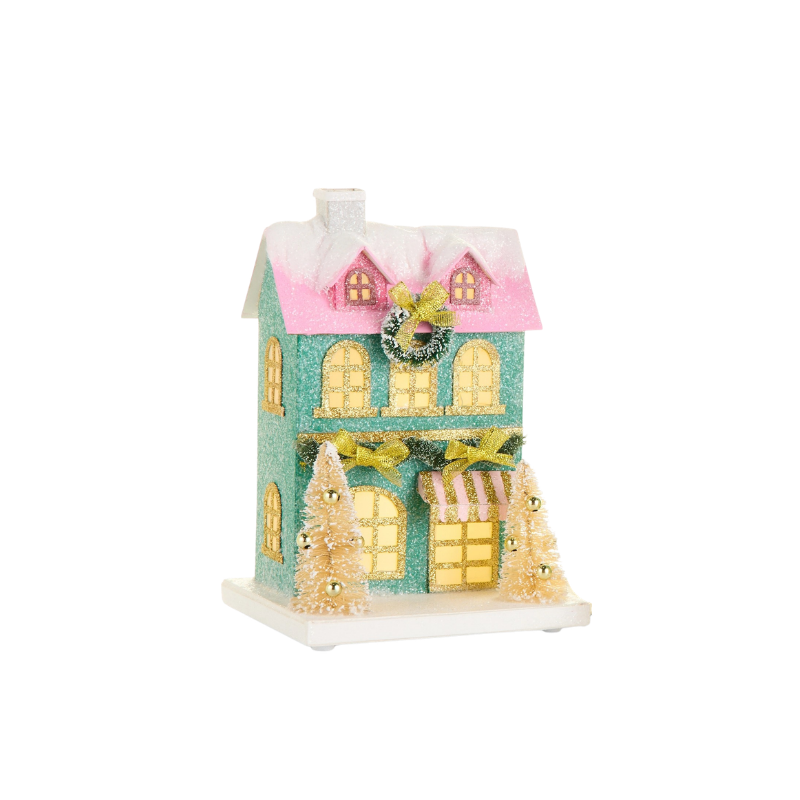 Lighted multicolor paper house with pink roof, teal walls, and gold glitter accents.