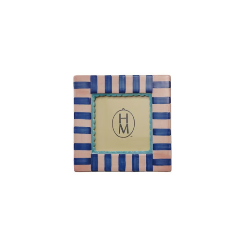 Square stoneware photo frame with pink and blue stripes and a scalloped inner border.