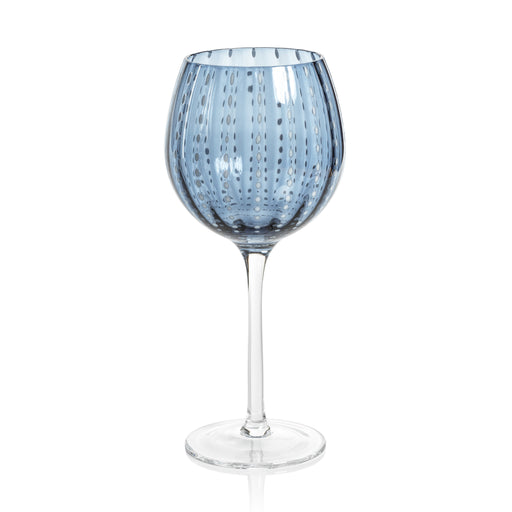 Navy blue Portofino wine glass with white dot pattern on clear stemware