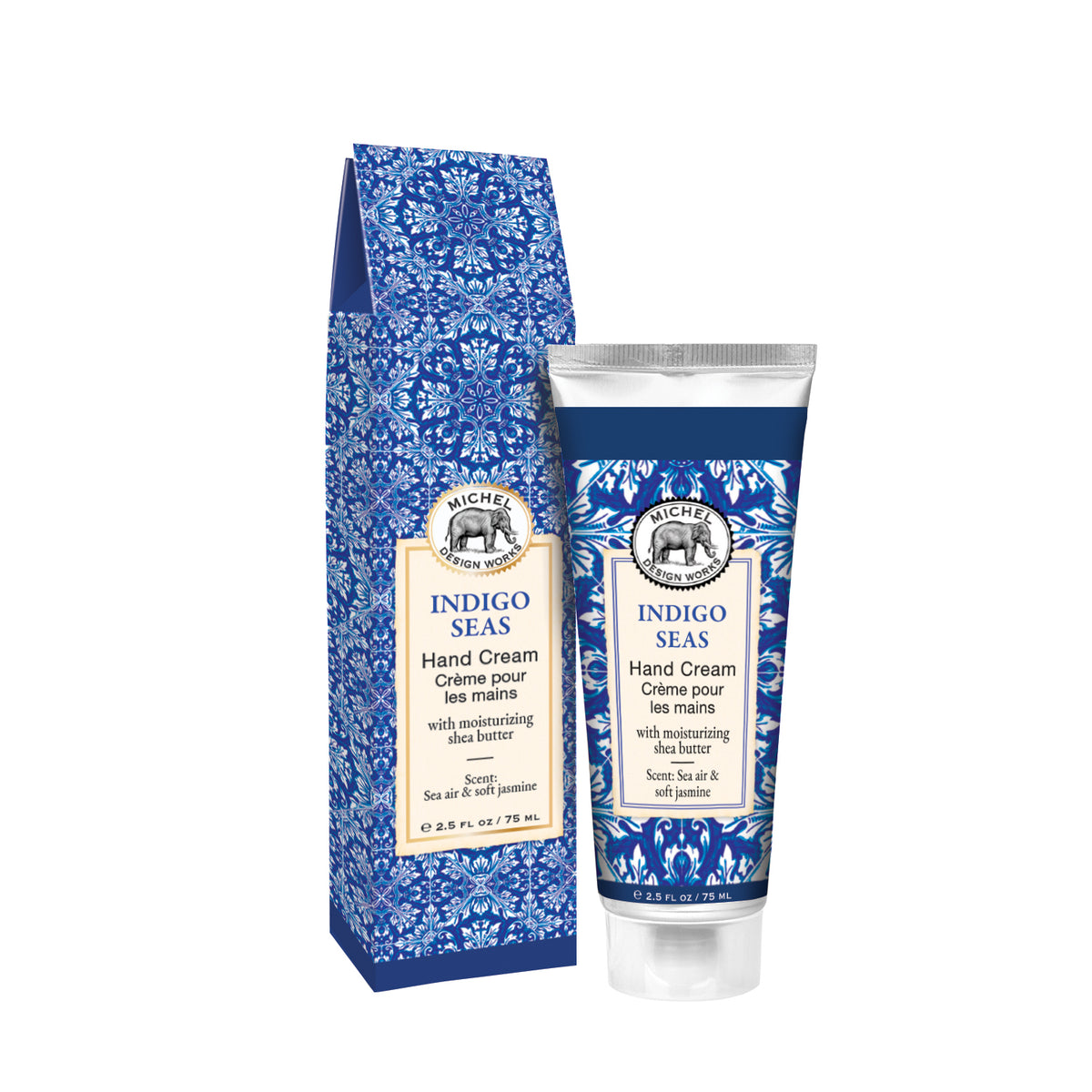 Michel Design Works Indigo Seas hand cream tube and box with blue and white floral pattern.