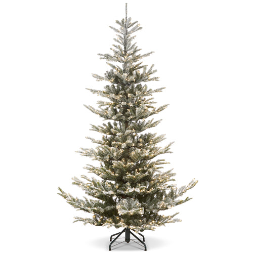 9' Hannah Snowy Norwegian Spruce artificial Christmas tree with warm white lights and a metal stand.