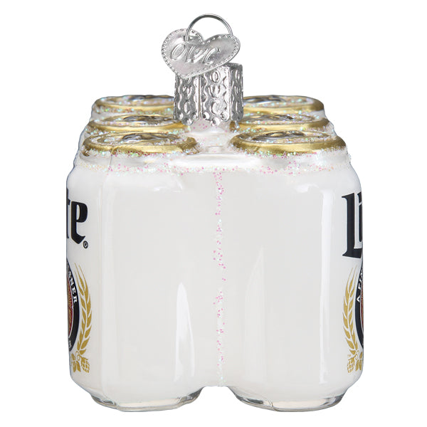 Glass Christmas ornament shaped like a six-pack of Miller Lite beer cans with glitter accents.