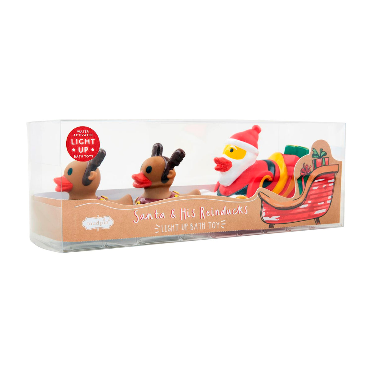 Santa Claus bath toy set with rubber reindeer figures in red and green colors.