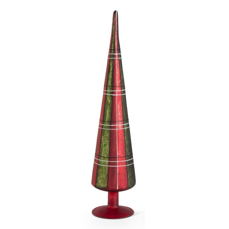 Tall, slender glass tabletop tree with a red and green tartan plaid pattern on a red pedestal base.