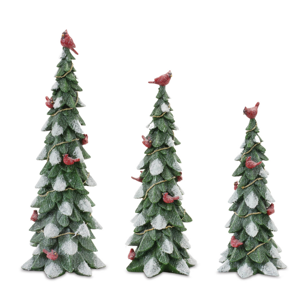 Three flocked green resin pine trees in varying heights with red cardinal accents and gold garland.