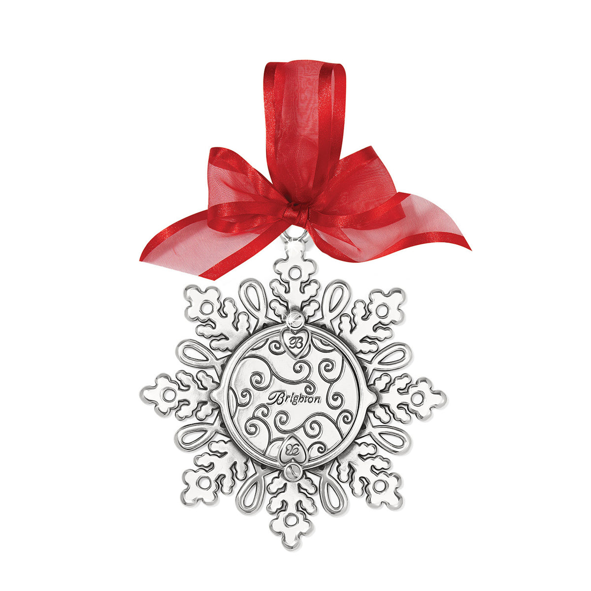 Silver-plated snowflake photo ornament with a circular cutout in the center.