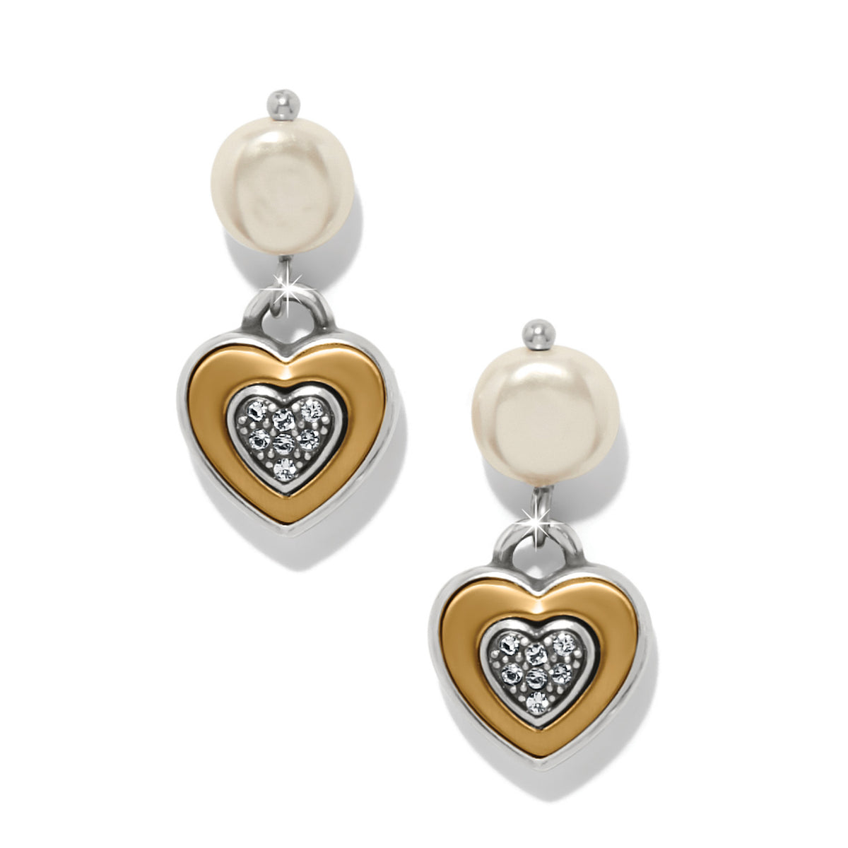 Silver-gold two-tone post earrings with flat disc backs featuring a heart-shaped pearl drop.