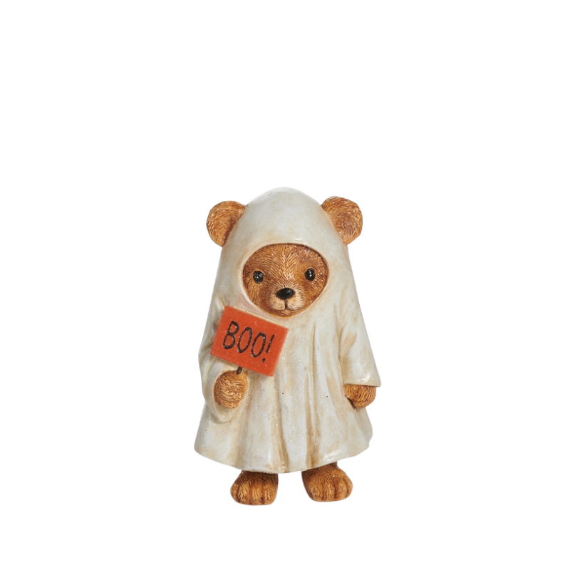 5.75-inch resin teddy bear figurine wearing a white ghost costume and holding a red 'BOO!' sign.