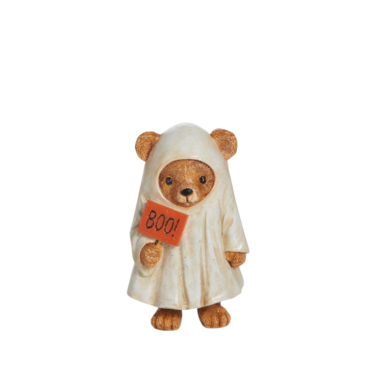 5.75-inch resin teddy bear figurine wearing a white ghost costume and holding a red 'BOO!' sign.
