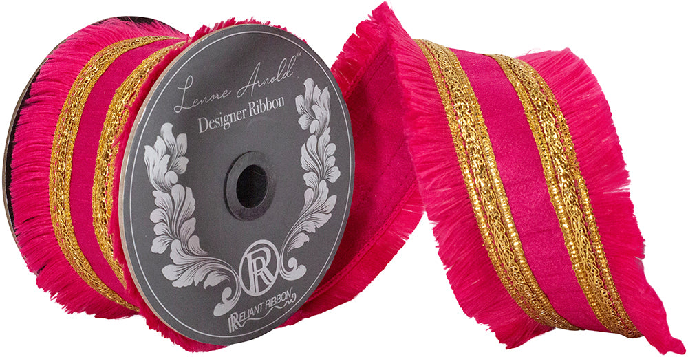 Gold gilded fringe trim on wired edge dupioni ribbon with fused backing.