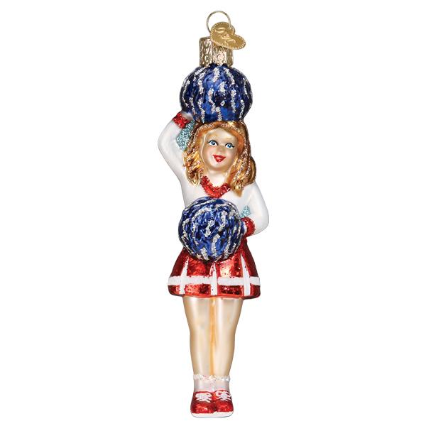 Glass cheerleader ornament with blonde hair, red and white uniform, and blue glittery pom-poms.