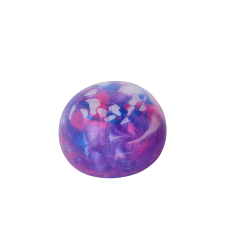 Squishy marbled stress ball with a vibrant purple, pink, and blue swirl pattern.