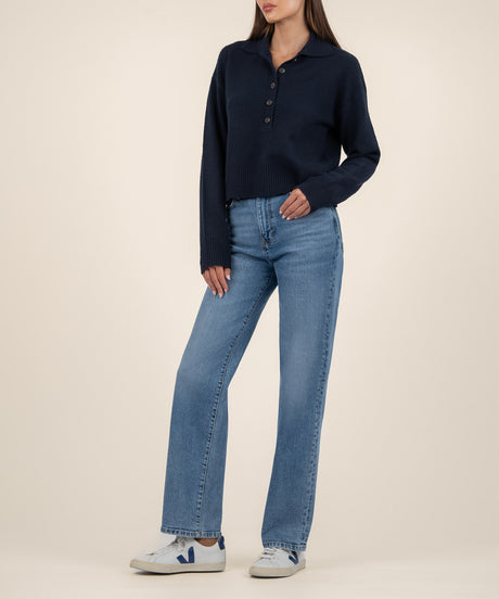 Relaxed fit long-sleeve button-front sweater in soft knit fabric with ribbed cuffs and hem.