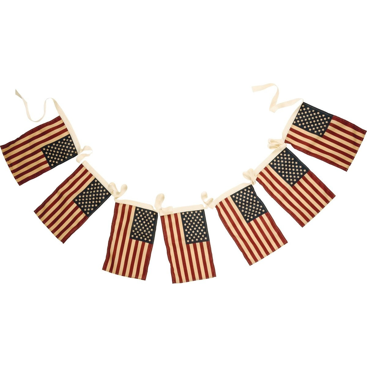 Large primitive flag garland with neutral-toned fabric flags in a rustic silhouette.